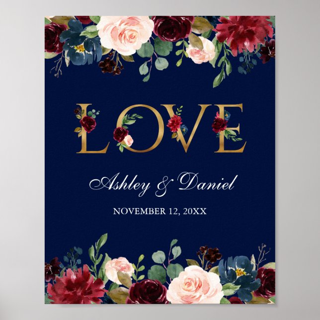 Watercolor Blue Burgundy Floral Gold Love Wedding Poster (Front)