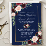 Watercolor Blue Burgundy Floral Gold Wedding Invitation<br><div class="desc">Elegant Watercolor Burgundy and Blue Floral Gold Wedding Invitation - Blue Back</div>