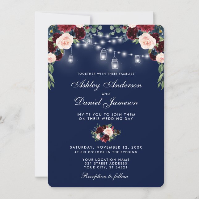 Watercolor Blue Burgundy Floral Lights Wedding Invitation (Front)
