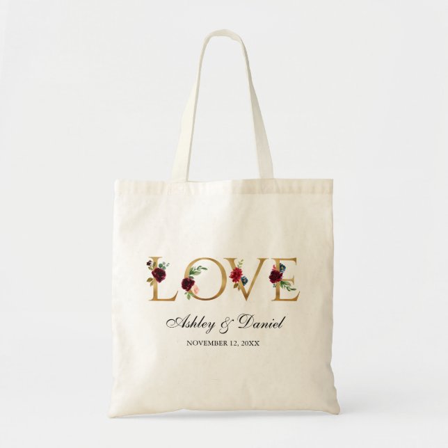 Watercolor Blue Burgundy Floral Love Gold Wedding Tote Bag (Front)