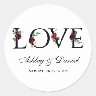 Watercolor Blue Burgundy Floral Love Wedding Classic Round Sticker