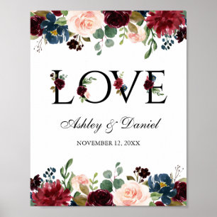 Watercolor Blue Burgundy Floral Love Wedding Poster