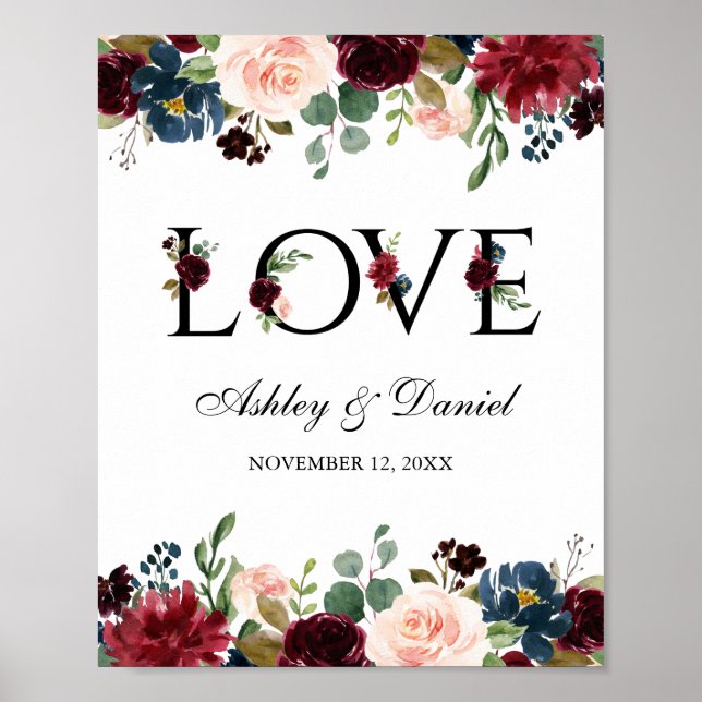 Watercolor Blue Burgundy Floral Love Wedding Poster (Front)