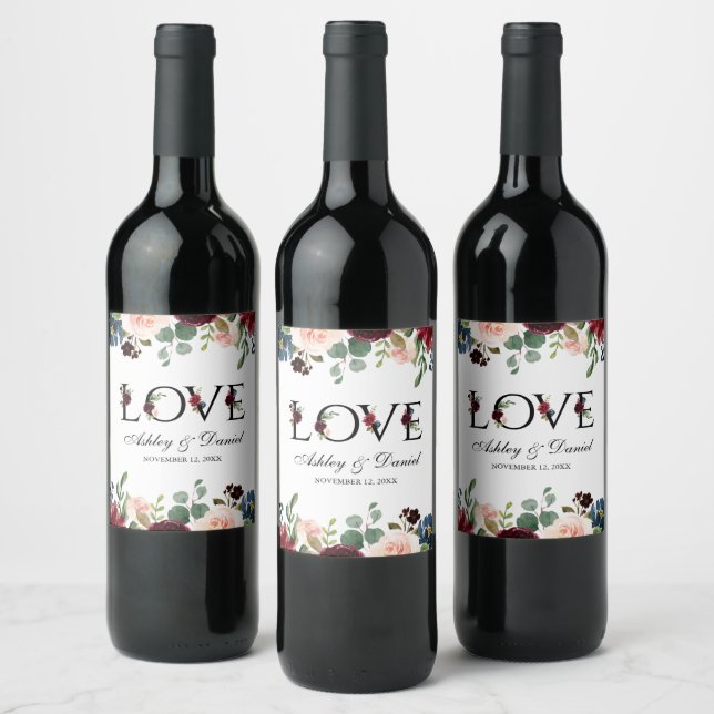 Watercolor Blue Burgundy Floral Love Wedding Wine Label (Bottles)