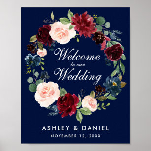 Watercolor Blue Burgundy Floral Wedding Welcome Poster