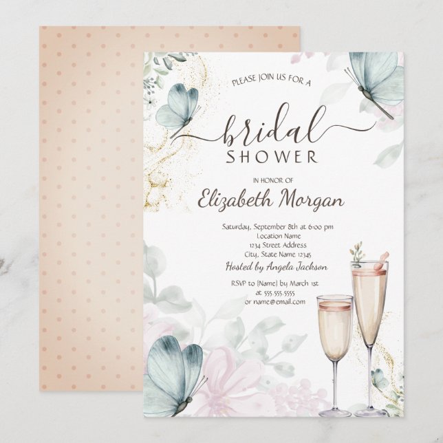 Watercolor Blue Butterflies Champagne Glass  Invitation (Front/Back)