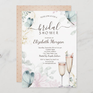 Watercolor Blue Butterflies Champagne Glass Invitation