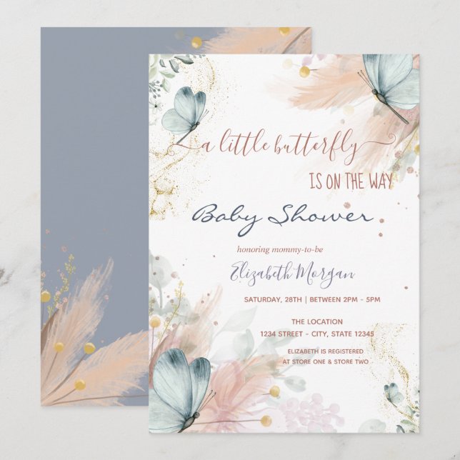 Watercolor Blue Butterflies Pampas Grass Invitation (Front/Back)