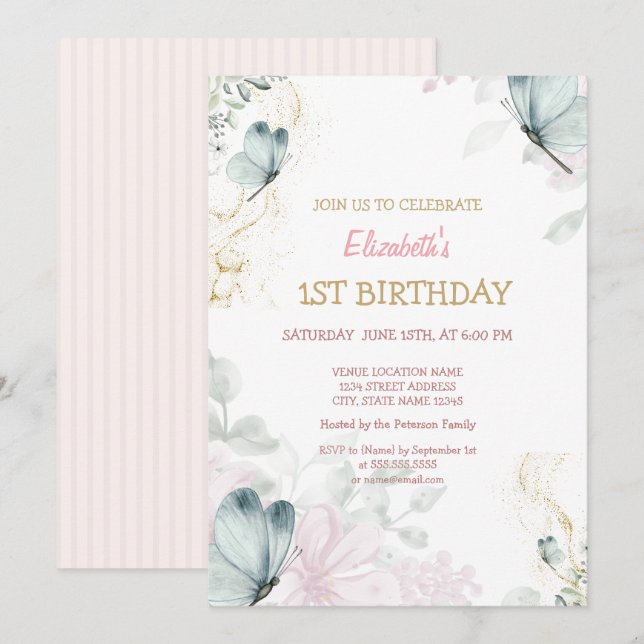 Watercolor Blue Butterflies Pink Stripe Birthday   Invitation (Front/Back)