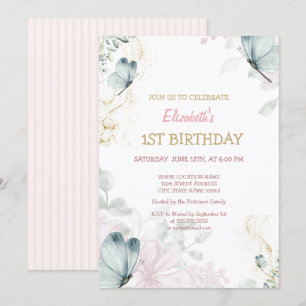 Watercolor Blue Butterflies Pink Stripe Birthday Invitation