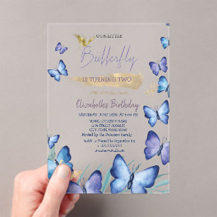 Watercolor Blue Butterflies Rainbow Birthday  Acrylic Invitations