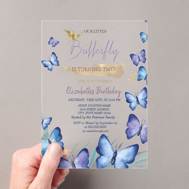Watercolor Blue Butterflies Rainbow Birthday  Acrylic Invitations (Insitu (Handheld))