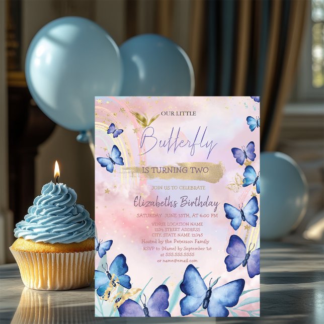Watercolor Blue Butterflies Rainbow Birthday  Invitation (Creator Uploaded)