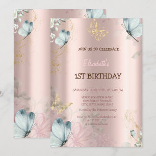 Watercolor Blue Butterflies Rose Gold Birthday Invitation