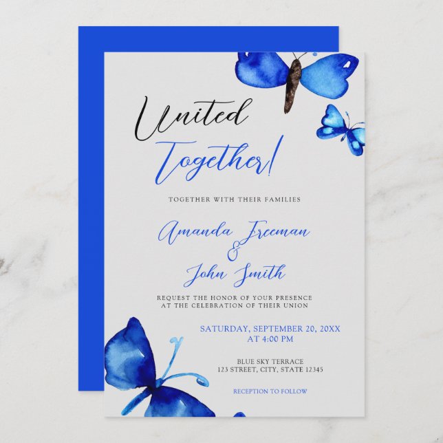 Watercolor Blue Butterflies Vibrant Wedding Invitation (Front/Back)