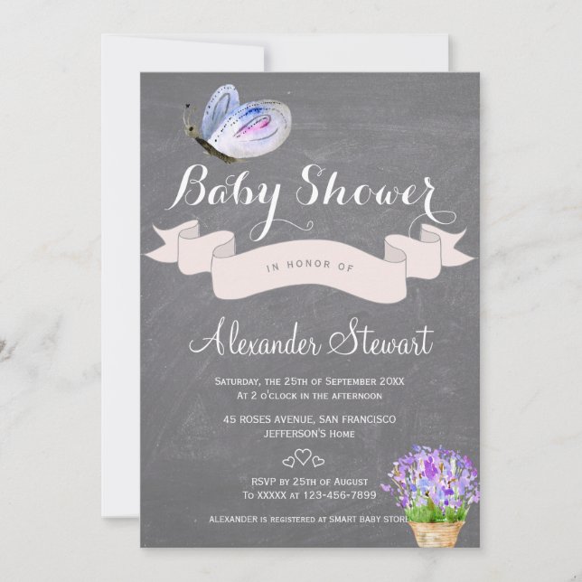 Watercolor blue butterfly floral baby shower invitation (Front)