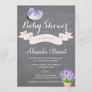Watercolor blue butterfly floral baby shower invitation