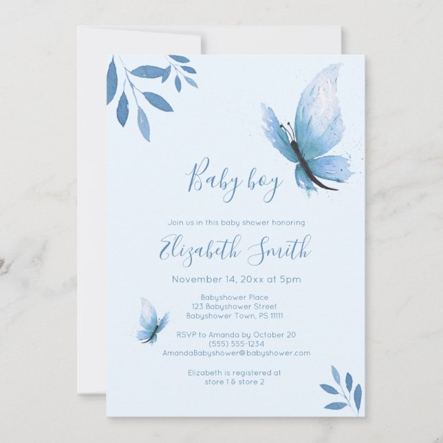 Watercolor blue butterfly floral babyshower invitation (Front)
