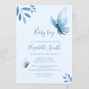Watercolor blue butterfly floral babyshower invitation