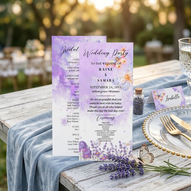 Watercolor Blue Butterfly Rustic Lavender Purple  Menu (Elegant Blue Butterfly Rustic Watercolor Wedding Menu)