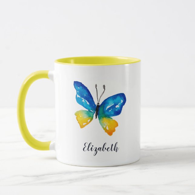 Watercolor Blue Butterfly With Name Cute Colourful Mug (Left)
