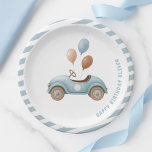 Watercolor Blue Car Birthday  | Custom Boys Party Paper Plate<br><div class="desc">Serve up birthday cake in style with this charming watercolor birthday plate featuring a pastel blue toy car and soft balloons. Ideal for baby and toddler boys' parties and easy to pair with the full collection!</div>