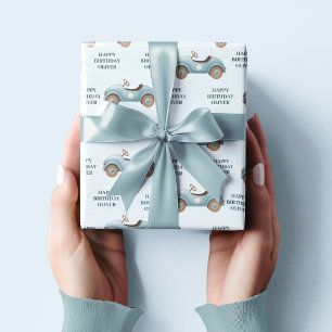Watercolor Blue Car Happy Birthday Wrapping Paper