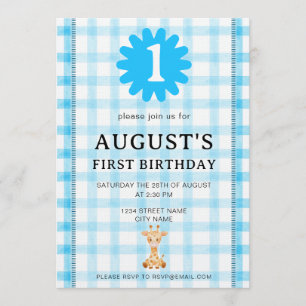 Watercolor Blue Check Koala Birthday Invitation