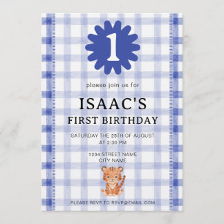 Watercolor Blue Check Tiger Birthday Invitation