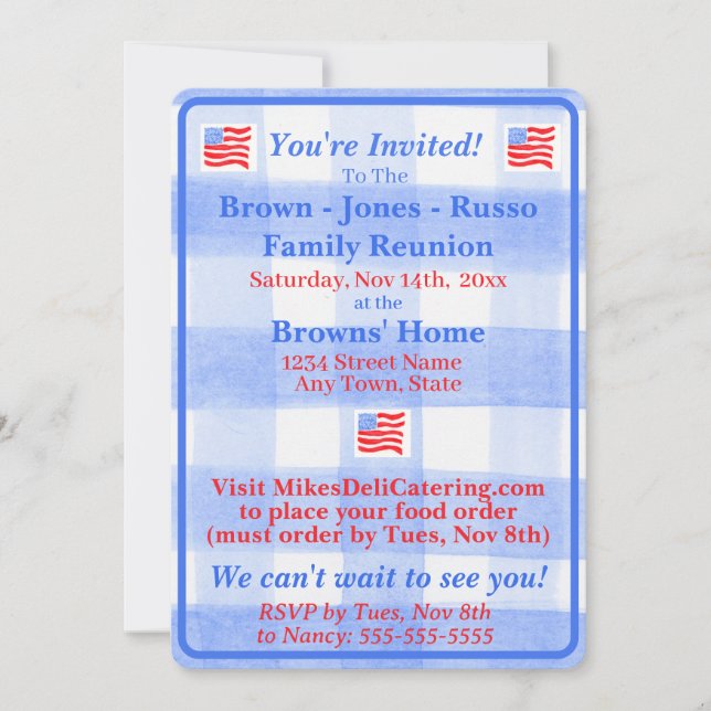 Watercolor Blue Check USA Flag Invitation (Front)