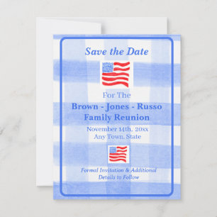 Watercolor Blue Check USA Flag SAVE THE DATE
