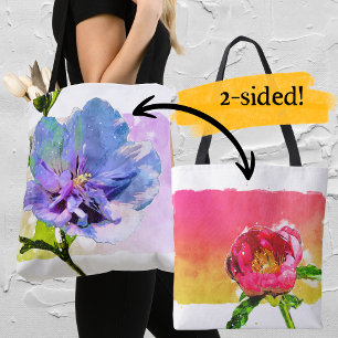 Watercolor Blue Chiffon Rose and Pink Peony Tote Bag