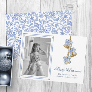 Watercolor Blue Chinoiserie Bow Bells Photo Holiday Card