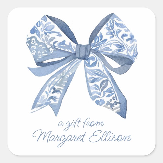 Watercolor Blue Chinoiserie Bow Square Sticker (Front)