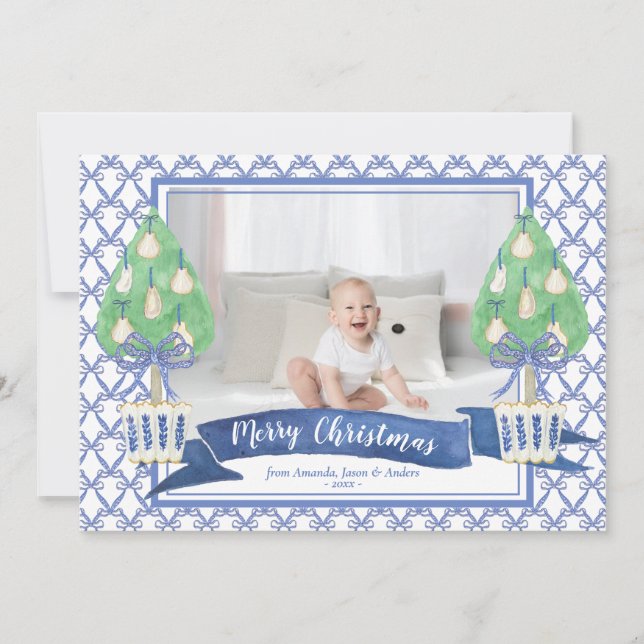  Watercolor Blue Chinoiserie Christmas Tree Photo  Holiday Card (Front)