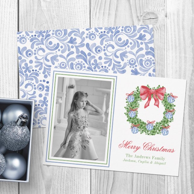 Watercolor Blue Chinoiserie Ornament Wreath Photo Holiday Card (Creator Uploaded)