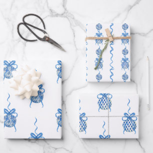 Watercolor Blue Chinoiserie Ornaments Christmas Wrapping Paper Sheet