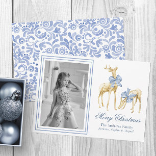 Watercolor Blue Chinoiserie Reindeer Photo Holiday Card