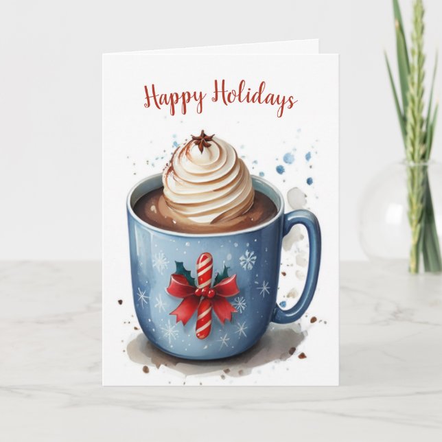 Watercolor Blue Christmas Hot Cocoa Holiday Card (Front)