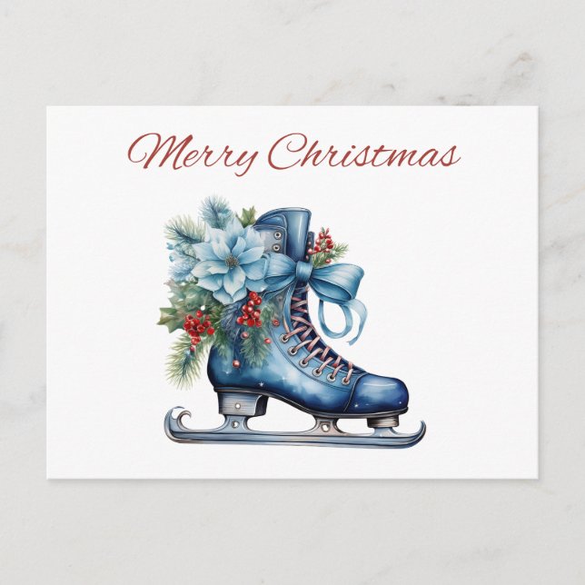 Watercolor Blue Christmas Ice Skate with Ribbon Holiday Postcard (Front)