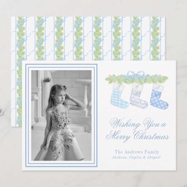 Watercolor Blue Christmas Monogram Stockings Photo Holiday Card (Front/Back)