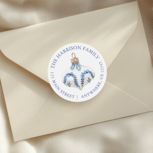 Watercolor Blue Christmas Ornament Return Address Classic Round Sticker