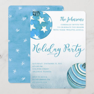Watercolor Blue Christmas Ornaments Dinner Party Invitation