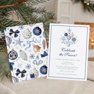 Watercolor Blue Christmas Ornaments Party Invitation