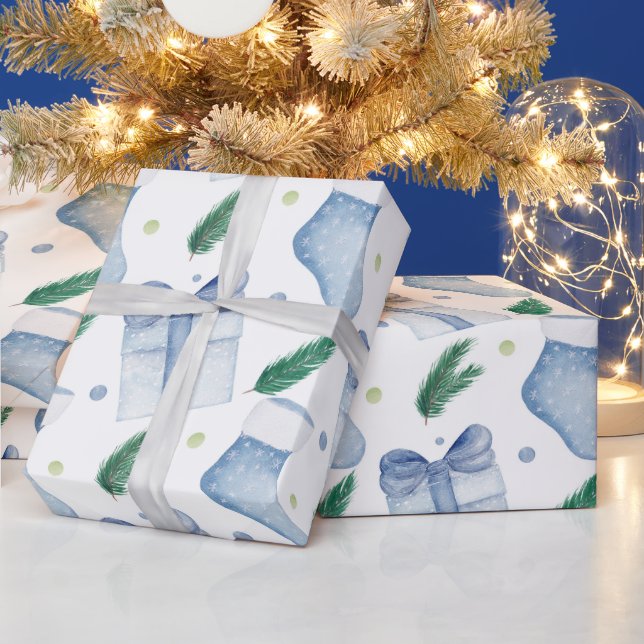 Watercolor Blue Christmas Stockings and Presents  Wrapping Paper (Holidays)