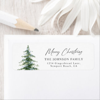 Watercolor Blue Christmas Tree Address Label