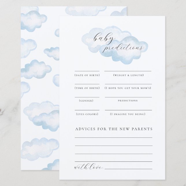 Watercolor Blue Cloud Baby Shower Baby Predictions (Front/Back)