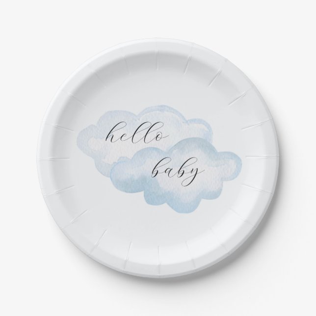 Watercolor Blue Cloud Baby Shower Paper Plate (Front)