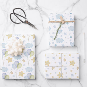 Watercolor Blue Clouds Stars and Balloons Wrapping Paper Sheet