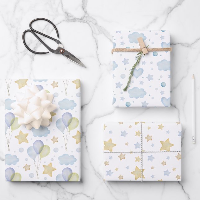 Watercolor Blue Clouds Stars and Balloons Wrapping Paper Sheet (Front)